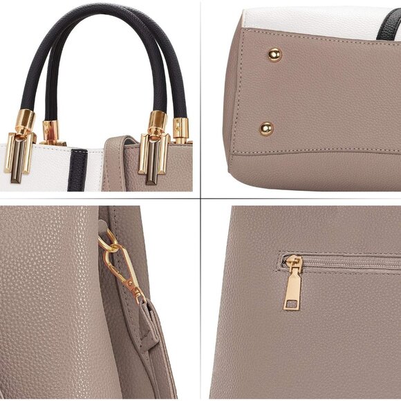 Top Handle Stitching Handbag for Women Girls Tote Satchel Khaki Shoulder Bag - Picture 4 of 8